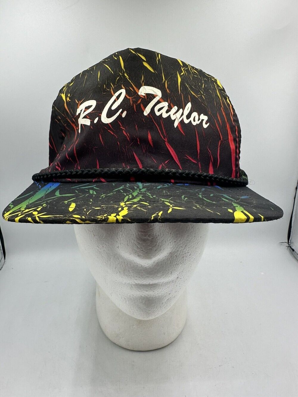 Vtg 90s Nylon Hat Black Neon Color Streaks Rope Trucker Cap RC Taylor